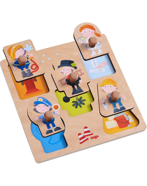 HABA Feuerwehrauto Greifpuzzle – 6-teiliges Holzpuzzle Mit Großen Griffen Für Kinder Ab 12 Monaten