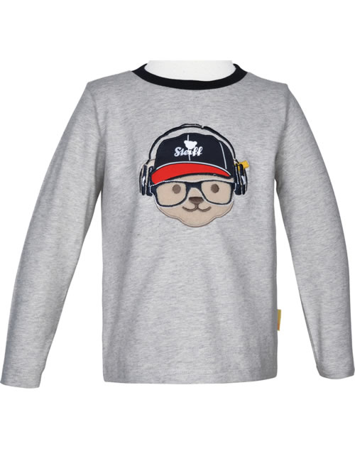 Steiff T-Shirt A Maniche Lunghe Per Bambino – Con Orsetto Sul Davanti – Jersey Morbido, Chiusura Con Automatici – Grigio Melange E Blu Navy