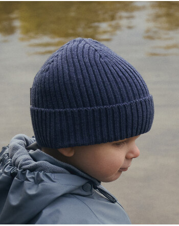 Celavi Strick-Mütze/Beanie mit Umschlag aus Merinowolle und Baumwolle - Navy Melange