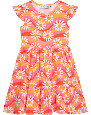 Danamade Kleid aus Baumwolle mit Wellen-Design und lächelnden Blumen 'DEMMY' - Yellow