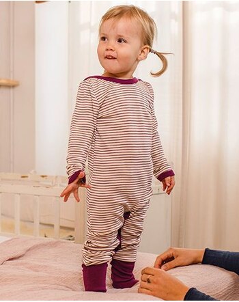 Engel Schlafoverall mit Beinumschlag aus Merinowolle/Seide - Natur/Orchidee 