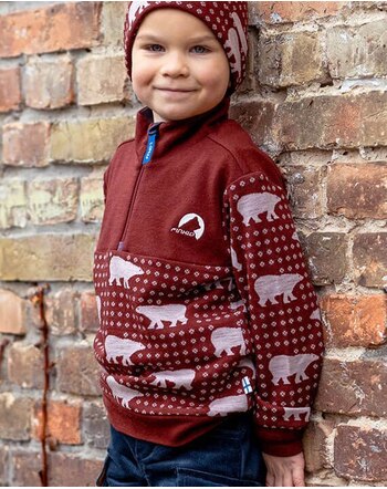 Finkid Halfzip/Troyer MASI NORDIK aus Wolle mit Bärenmuster - Cranberry