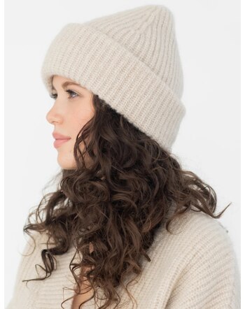 Halfen Strickerei Damen-Grobstrick-Beanie aus Merino, Alpaka & Seide - Beige