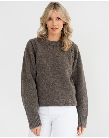 Halfen Strickerei Damen-Strickpullover mit Flechtdetails aus Merinowolle, Alpaka und Seide - Mokka 🤎🌿