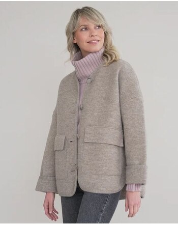 Halfen Strickerei Damen-Walkjacke im Oversize Fit aus Schurwolle - Greige 🌿