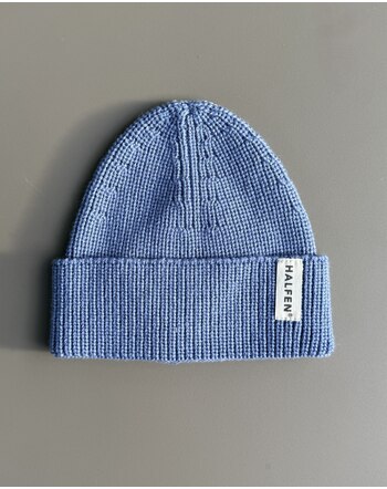 Halfen Strickerei Neugeborenen-Mütze aus Merinowolle für 0-7 M.- Mittelblau