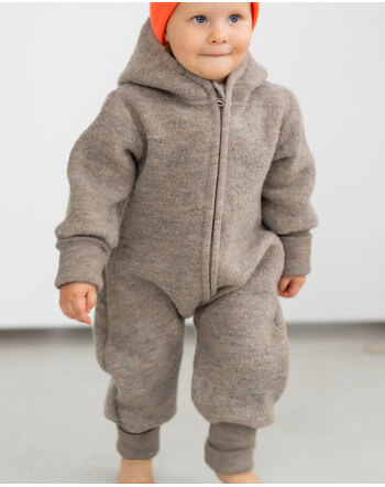Halfen Strickerei Walk-Overall mit Teddykapuze und Bündchen aus Schurwolle - Greige 🤎🌿