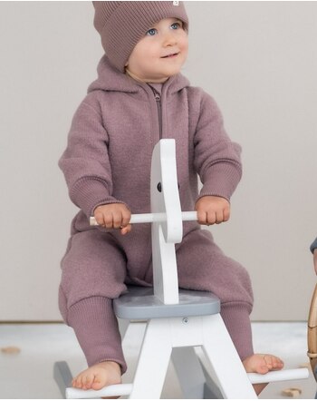 Halfen Strickerei Walk-Overall mit Teddykapuze und Bündchen aus Schurwolle - Mauve