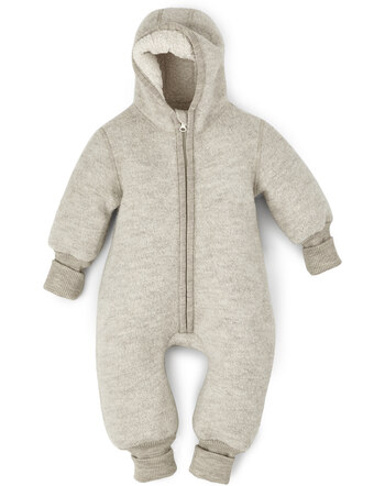 Halfen Strickerei Walk-Overall mit Teddykapuze und Bündchen aus Schurwolle - Natur