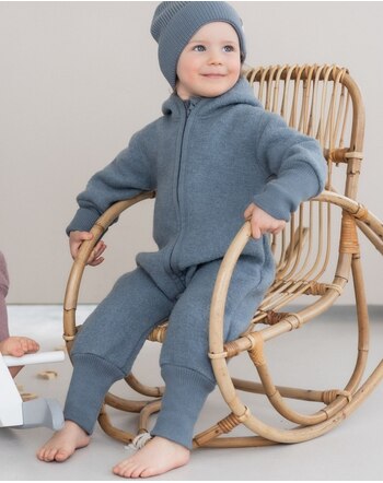 Halfen Strickerei Walk-Overall mit Teddykapuze und Bündchen aus Schurwolle - Rauchblau