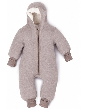 Halfen Strickerei Walk-Overall mit Teddykapuze und Bündchen aus Schurwolle - Greige 🤎🌿