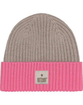 Huttelihut Rippstrick-Mütze/Beanie mit Kontrast-Umschlag aus 100 % Merinowolle - Begonia Pink