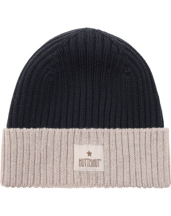 Huttelihut Rippstrick-Mütze/Beanie mit Kontrast-Umschlag aus 100 % Merinowolle - Dark Navy