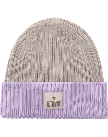 Huttelihut Rippstrick-Mütze/Beanie mit Kontrast-Umschlag aus 100 % Merinowolle - Purple Rose