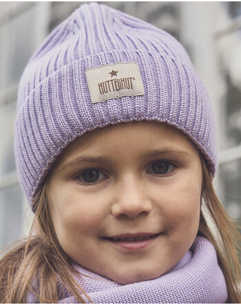 Huttelihut Rippstrick-Mütze/Beanie mit Umschlag aus 100 % Merinowolle - Purple Rose