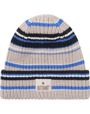 Huttelihut Rippstrick-Mütze/Beanie mit Umschlag aus 100 % Merinowolle im Streifen-Design - Dazzling Blue