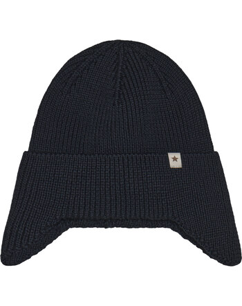 Huttelihut Rippstrick-Mütze mit Ohrenklappen-Umschlag aus 100 % Merinowolle - Dark Navy