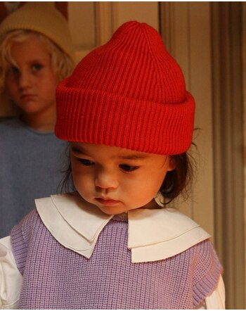 Hvid Kinder-Mütze/Beanie 'Fonzie' aus Merinowolle - Red