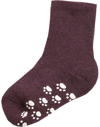 Joha Anti-Rutsch-Socken mit Pfötchen aus Wolle - Aubergine Melange