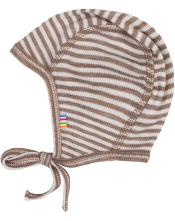 Joha Babymütze im Ringel-Design & zum Binden aus Merinowolle/Seide - Dark Beige