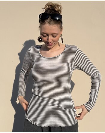 Joha Damen-Langarmshirt im Ringel-Design aus Merinowolle/Seide - Brown