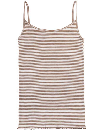 Joha Damen-Top im Ringel-Design mit dünnen Trägern & Rüschensaum aus Merinowolle/Seide - Dark Beige