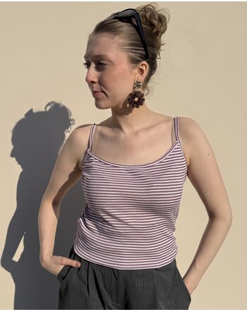 Joha Damen-Top im Ringel-Design mit dünnen Trägern & Rüschensaum aus Merinowolle/Seide - Heather