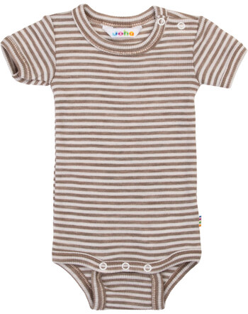 Joha Kurzarmbody im Ringel-Design aus Merinowolle/Seide - Dark Beige