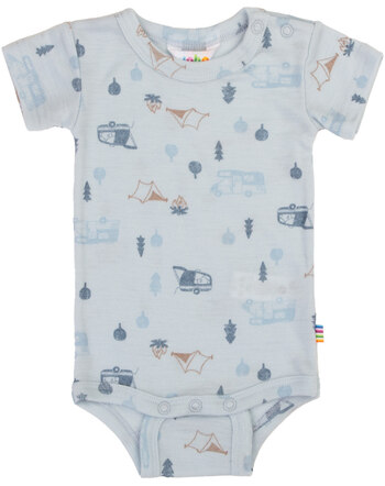 Joha Kurzarmbody mit Camping-Print aus 100% Merinowolle - Hellblau