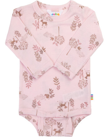 Joha Langarm-Body aus Merinowolle und Seide mit Wald-Motiven - Light Pink