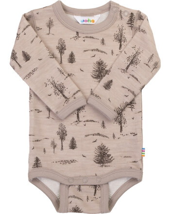 Joha Langarm-Body aus Merinowolle und Bambus-Viskose mit Bäumen - Beige