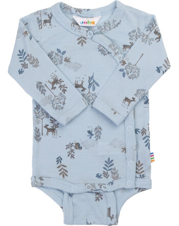 Joha Langarm-Wickelbody aus Merinowolle und Seide mit Wald-Motiv - Blue
