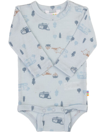 Joha Langarmbody mit Camping-Print aus 100% Merinowolle - Hellblau
