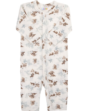 Joha Strampler/Jumpsuit mit Druckknopfleiste aus 100 % Merinowolle mit Waldtieren - Off White