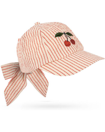 Konges Sløjd Cap mit bestickter Kirsche und Schleife zum Binden - Amour Stripe