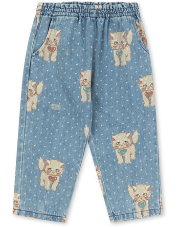 Konges Sløjd Jeanshose 'Magot Frill' mit Katzenprint aus Bio-Baumwolle - Ciao Miao 🐈❤