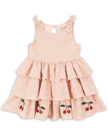 Konges Sløjd Seersucker-Kleid mit bestickten Kirschen - Amour Stripe