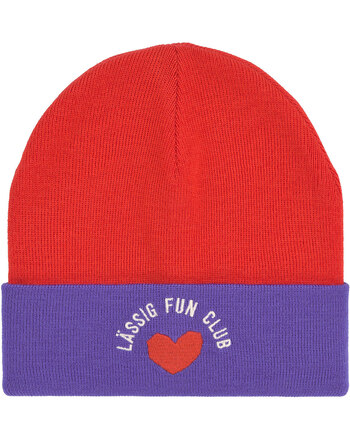Lässig Beanie/Mütze mit Umschlag aus 100 % Merinowolle mit Stickerei - Purple/Poppy Red