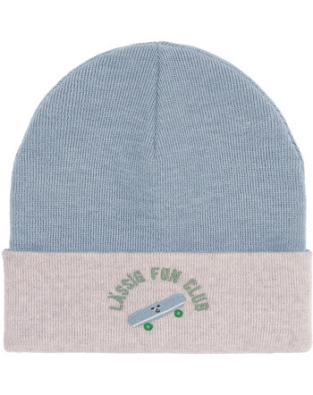 Lässig Beanie/Mütze mit Umschlag aus 100 % Merinowolle mit Stickerei - Nature/Steel Blue