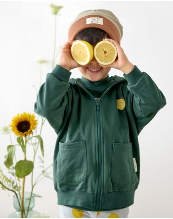 Lässig Sweatjacke mit Kapuze aus 100% Bio-Baumwolle mit Zitrone - Dark Green