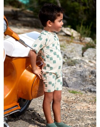 Lässig UV-Kurzarm-Schwimmanzug mit UV-Schutz UPF 60 - Checkerboard Sea Salt/Green