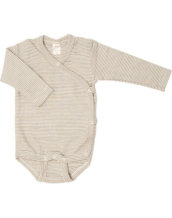 Lilano Langarm-Wickelbody im Ringel-Design aus Merinowolle und Seide - Khaki/Natur