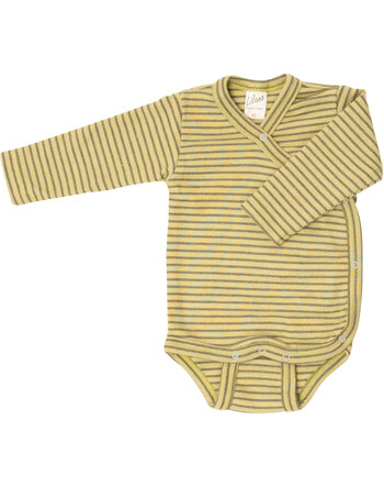 Lilano Langarm-Wickelbody im Ringel-Design aus Merinowolle und Seide - Kiwi/Khaki