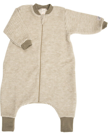 Lilano Wollfrottee-Plüsch-Schlafsack mit Füßen im Ringel-Design aus Merinowolle - Khaki/Natur