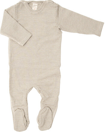 Lilano Strampelanzug mit Fuß im Ringel-Design aus Merinowolle und Seide - Khaki/Natur