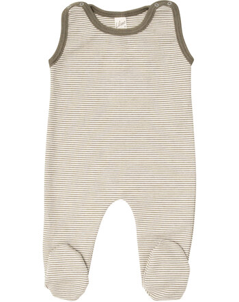 Lilano Strampler mit Fuß ohne Ärmel im Ringel-Design aus Merinowolle und Seide - Khaki/Natur
