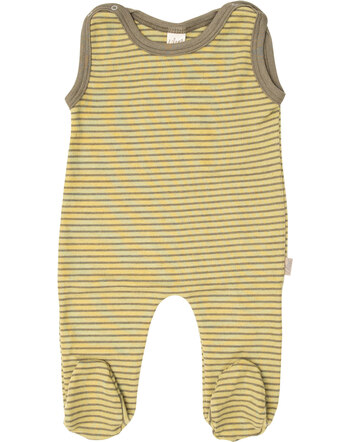 Lilano Strampler mit Fuß ohne Ärmel im Ringel-Design aus Merinowolle und Seide - Kiwi/Khaki