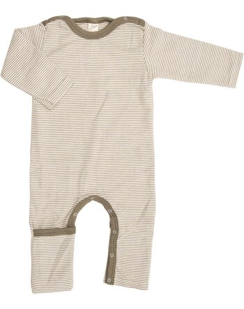 Lilano Strampler mit langen Ärmeln im Ringel-Design aus Merinowolle und Seide - Khaki/Natur