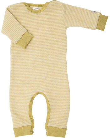 Lilano Wollfrottee-Plüsch-Anzug im Ringel-Design aus Merinowolle - Kiwi/Natur