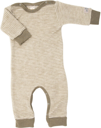 Lilano Wollfrottee-Plüsch-Anzug im Ringel-Design aus Merinowolle - Khaki/Natur